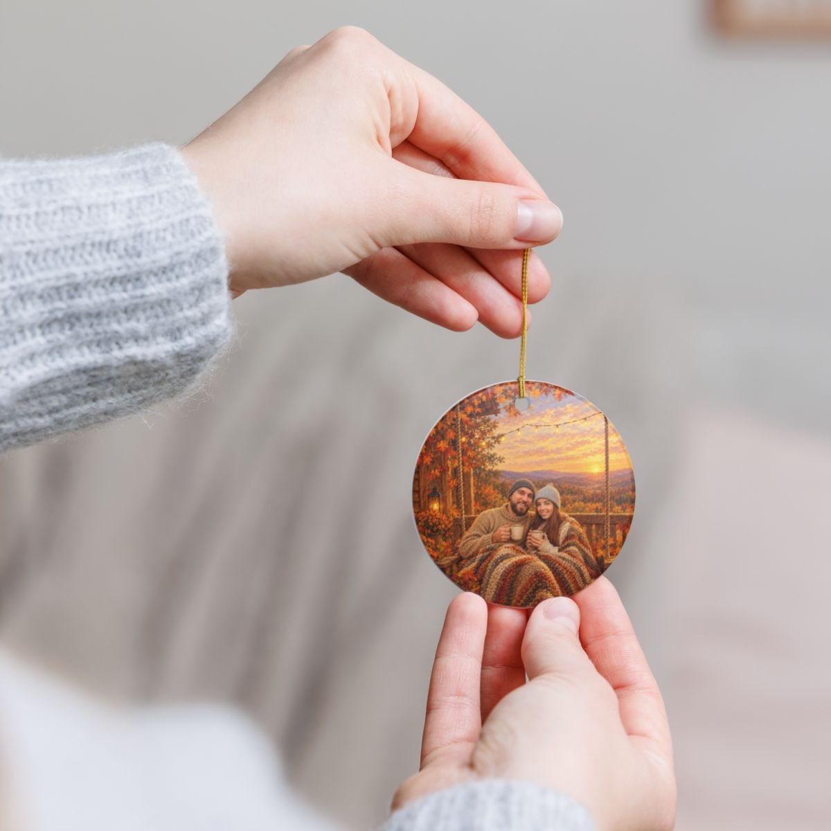 Example: an ornament held by its string, to show its size